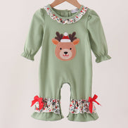Sage Reindeer Applique Ruffle Romper
