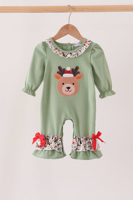 Sage Reindeer Applique Ruffle Romper