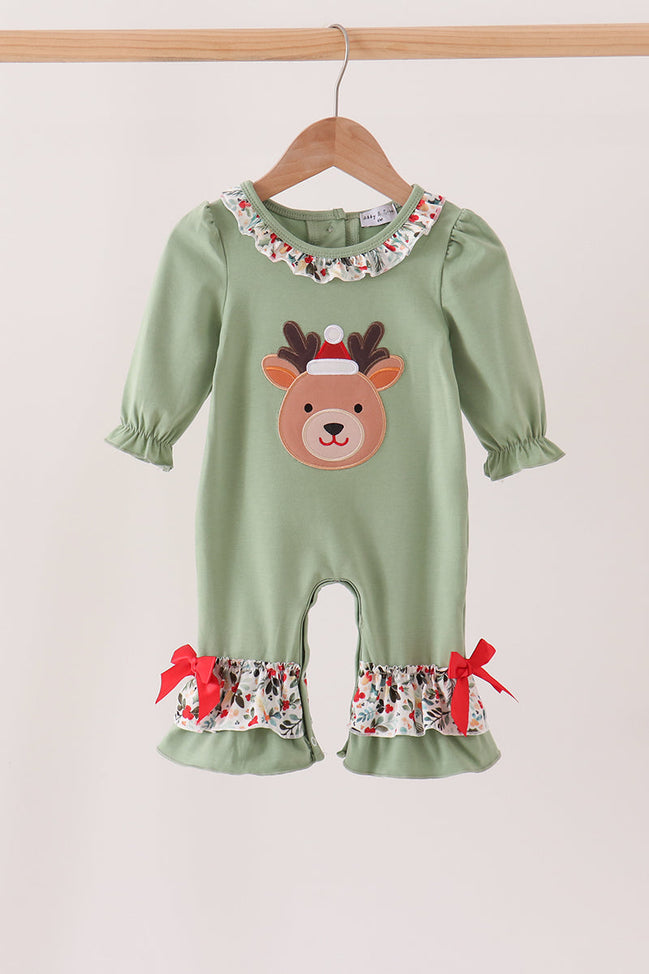 Sage Reindeer Applique Ruffle Romper