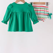 Green christmas tree bow applique stripe bloomer set