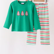 Green christmas tree applique stripe pants set