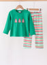 Green christmas tree applique stripe pants set