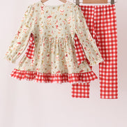 Goose embroidery ruffle gingham pants set