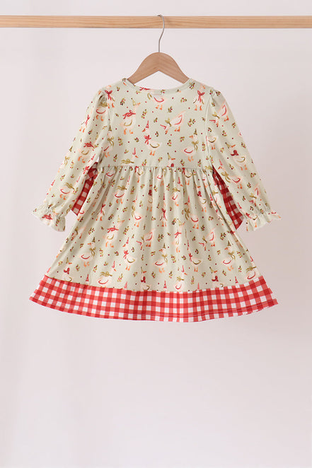Goose embroidery ruffle gingham dress