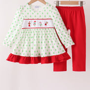 Green dot grinch embroidery ruffle pants set