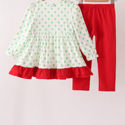 Green dot grinch embroidery ruffle pants set