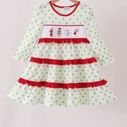 Green dot grinch embroidery ruffle tiered dress