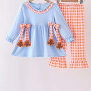 Blue Turkey Applique Gingham Ruffle Pants Set
