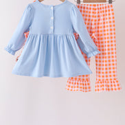 Blue Turkey Applique Gingham Ruffle Pants Set