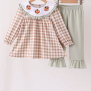 Brown turkey embroidery gingham ruffle pants set