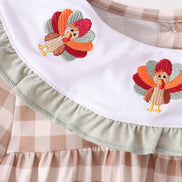Brown turkey embroidery gingham ruffle pants set