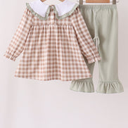 Brown turkey embroidery gingham ruffle pants set