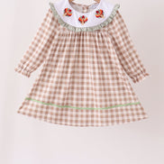 Brown turkey embroidery gingham ruffle dress
