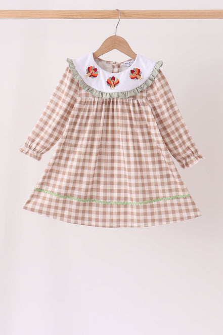 Brown turkey embroidery gingham ruffle dress