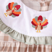 Brown turkey embroidery gingham ruffle dress