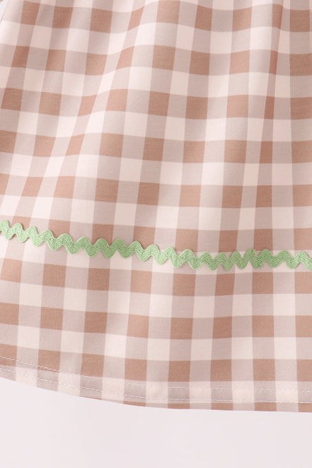 Brown turkey embroidery gingham ruffle dress