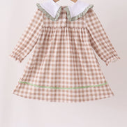 Brown turkey embroidery gingham ruffle dress