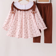 Brown touchdown football embroidery ruffle pants set