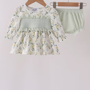 Sage floral smocked ruffle bloomer set