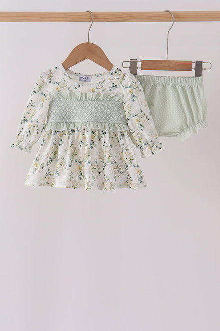 Sage floral smocked ruffle bloomer set