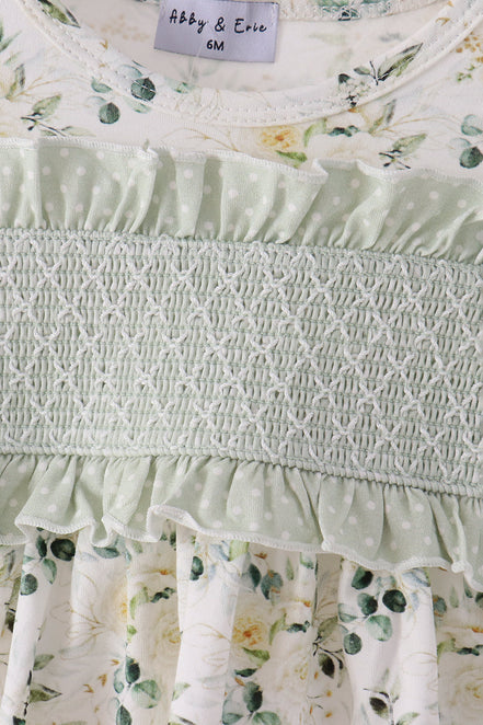 Sage floral smocked ruffle bloomer set