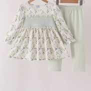 Sage floral smocked ruffle pants set