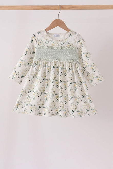 Sage floral smocked ruffle dress
