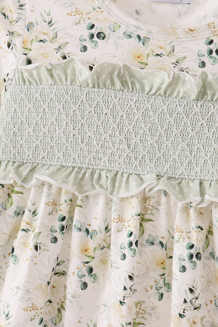Sage floral smocked ruffle dress