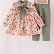 Green floral bow pants set