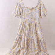 Floral print puff sleeve tiered dress