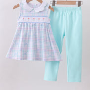 Blue plaid bow floral pants set