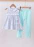 Blue plaid bow floral pants set