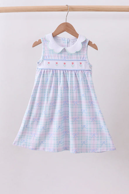 Blue plaid bow floral dress