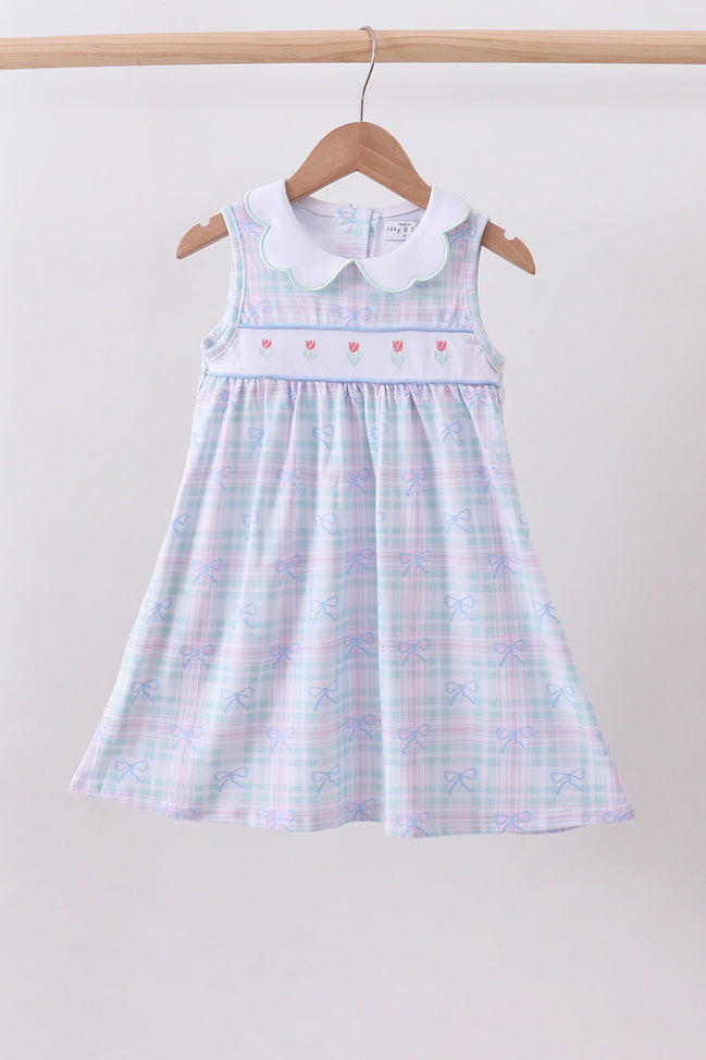 Blue plaid bow floral dress