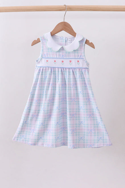 Blue plaid bow floral dress
