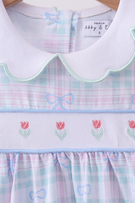 Blue plaid bow floral dress
