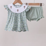 Sage floral cross embroidery ruffle bloomer set