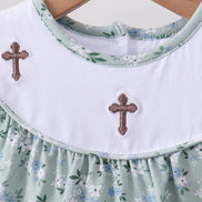 Sage floral cross embroidery ruffle bloomer set