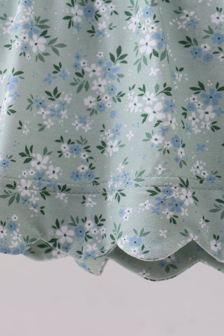 Sage floral cross embroidery ruffle bloomer set