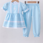 Blue cross embroidery lace pants set