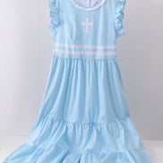 Blue cross embroidery ruffle tiered dress