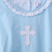 Blue cross embroidery ruffle tiered dress