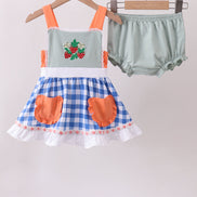 Sage strawberry embroidery ruffle gingham bloomer set