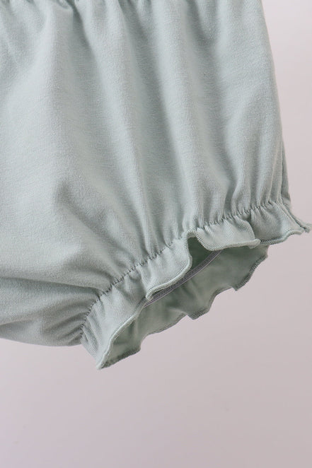 Sage strawberry embroidery ruffle gingham bloomer set