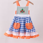 Sage strawberry embroidery ruffle gingham dress