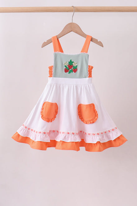 Sage strawberry embroidery ruffle dress