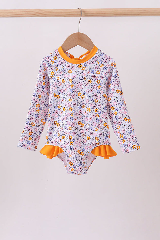 Mustard floral print ruffle rashguard