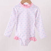 Pink floral print ruffle rashguard