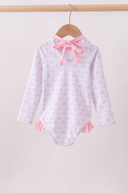 Pink floral print ruffle rashguard