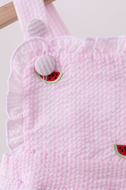 Pink stripe watermelon embroidery seersucker ruffle bubble